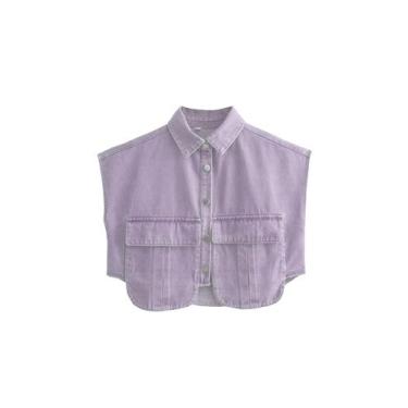 Imagem de Camisa feminina Perbai, jeans recortada, sem mangas, roxa clara