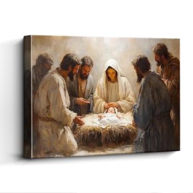 Imagem de WOXZQ Arte de parede de presépio, adoração de pastores, decoração de parede cristã, impressão em tela sem moldura em papel laminado, arte de pôster de Natal, para presente de igreja, 38 x 30 cm