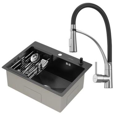 Imagem de Kit Cuba Gourmet Mônaco Preto Aço Inox 304 e Torneira Gourmet Florença