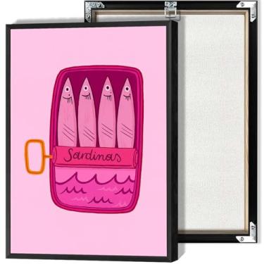 Imagem de Jantar retrô arte de parede em tela de sardinas ilustrações de comida e bebida cartazes bar carrinho impressões de arte rosa estética decoração de parede para sala de estar quarto dormitório decoração