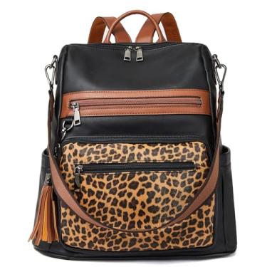 Imagem de Telena Mochila feminina de couro vegano, grande, bolsa de ombro universitária com borla, 1 leopardo marrom, Mochilas de viagem