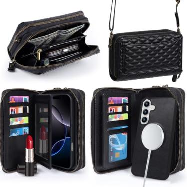 Imagem de Harryshell Capa carteira compatível com Samsung Galaxy S25+ Plus, com vários zíperes, removível, com compartimentos para cartões, alça transversal espelhada (compatível com Magsafe - Preto)