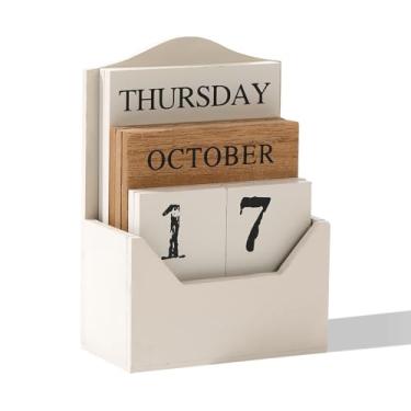 Imagem de Calendário perpétuo de blocos de madeira para escritório em casa, mesa, data, semana, mês, acessórios (calendário branco vintage)