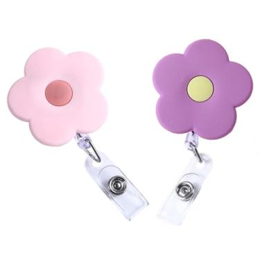 Imagem de 2 peças de carretéis retráteis de crachá rosa e roxo com clipe jacaré, porta-crachá de identificação de enfermeira, flores, chaves, porta-crachás para professores, estudantes, materiais de escritório