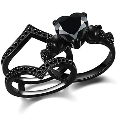 Imagem de GTISKL Conjuntos de anéis de noivado de caveira gótica, anéis de compromisso eternidade, zircônia cúbica, aniversário de casamento, festa de casamento, bijuteria de motociclista, banhado a ouro,