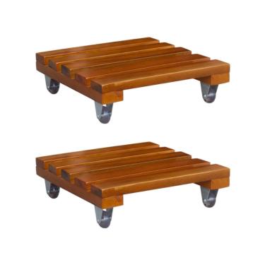 Imagem de Kit 02 Carrinho Suporte Para Vaso 20cm 25cm 30cm Quadrado Madeira Tratada Cedro, Ideal para Varanda, Jardim e Decoração de Interior(20cm)