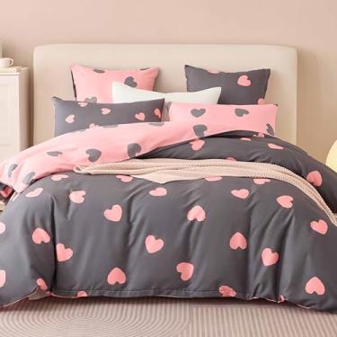 Imagem de Bildenly Capa de edredom tamanho casal - Padrão de coração cinza e rosa no lado A, padrão de coração rosa e cinza no lado B, adequado para quarto de meninas, capa de colcha com fecho de zíper e 2