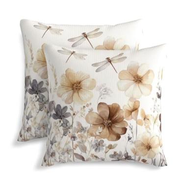 Imagem de KiuLoam Capas de almofada rústicas marrom cinza aquarela floral 45,7 x 45,7 cm conjunto de 2 almofadas decorativas rústicas para ambientes externos neutros para decoração de sofá-cama
