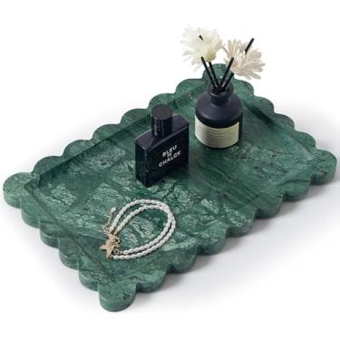 Imagem de Bandeja de mármore recortado natural real para banheiro, penteadeira, cozinha e mesa, bandeja decorativa de pedra para joias, cosméticos, velas, loção, perfume e decoração de casa (verde escuro, 30,5