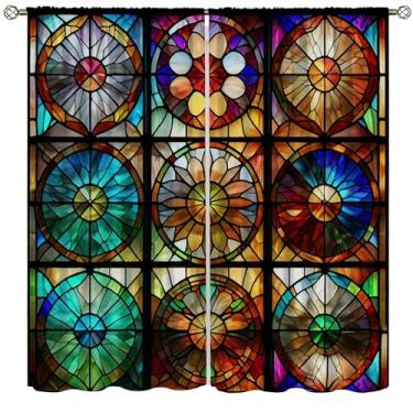 Imagem de VUMIVI Cortinas de vitral vintage meados do século gótico boho arte geométrica abstrata tratamentos de janela para quarto cozinha sala de estar sala de jantar escritório 107 cm L x 113 cm C