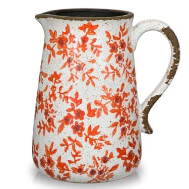 Imagem de Vaso rústico de cerâmica para casa de fazenda, vaso laranja vermelho e branco de 20 cm para centros de mesa, vasos de cerâmica chinoiserie, jarro de cerâmica com alça, decoração country francesa