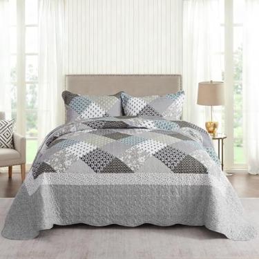 Imagem de NEWLAKE Conjunto de colcha tamanho Queen, conjunto de colcha, quadrado cinza claro, reversível, leve e respirável para todas as estações, colcha acolchoada macia com 2 fronhas