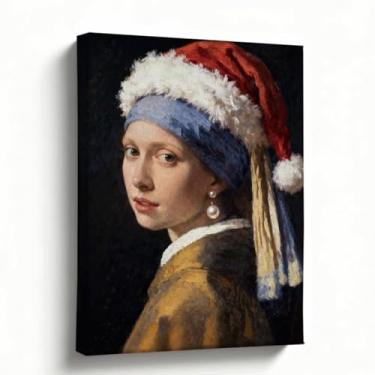 Imagem de Arte de parede de Natal, impressão em tela de chapéu de Papai Noel, menina com brinco de pérola, paródia de arte clássica engraçada para quarto de estudo, escritório, decoração de parede pop estética