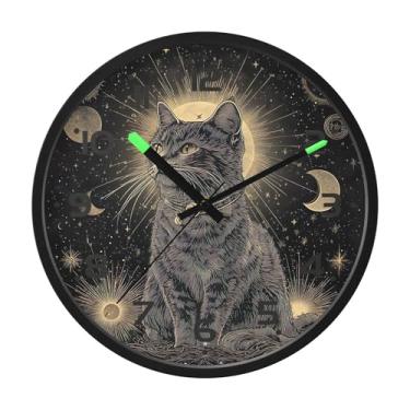 Imagem de SEHANY Relógio de parede engraçado de gato preto silencioso sem tique-taque, relógio redondo operado por bateria 30,5 cm, controle de som, luz noturna, relógios de parede para sala de estar, cozinha