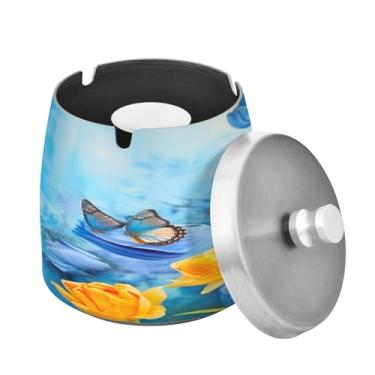 Imagem de Blueangle Cinzeiro de borboletas azuis bonitas com tampa para cigarros, à prova de vento/chuva, aço inoxidável, sem fumaça, inodoro, cinzeiro para uso interno ou externo (357)