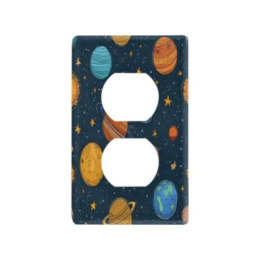 Imagem de Blueangle Placa de parede com desenho animado sistema solar planetas duplex, tamanho padrão, placas de cobertura de tomada elétrica de 1 gangue para decoração de quarto de escritório em casa, 4,53 x