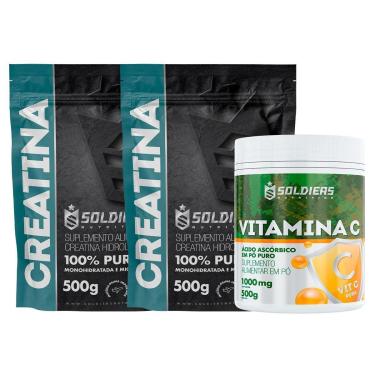 Imagem de Kit: 2 Creatinas Monohidratada 500g + Vitamina C Em Pó 500g - 100% Pura Importada - Soldiers-Unissex