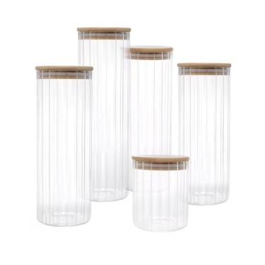 Imagem de Kit 5 Potes Porta Mantimento Vidro Canelado tampa de Bambu - Casa Raff