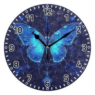 Imagem de WELLDAY Relógio de parede sem tique-taque 25,4 cm - Borboleta neon azul operado por bateria relógio redondo silencioso para casa/escritório/cozinha/sala de aula