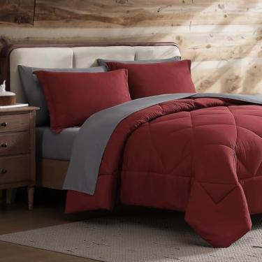 Imagem de Coleman Conjunto de edredom duplo GG reversível, opções de cores frente e verso, edredom para todas as estações, fronhas + lençóis, perfeito para uso em casa, cabine ou acampamento, bordô/cinza