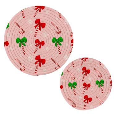 Imagem de Wassud Conjunto de doces de Natal com laço para pratos quentes, suportes de panela redondos, almofadas quentes de algodão, porta-copos elegantes, decoração de cozinha e acessórios, 2 peças