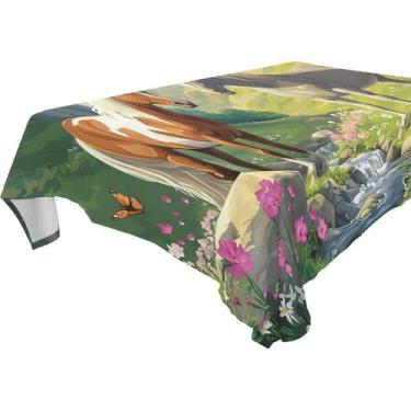 Imagem de Burbuja Toalha de mesa Two Horses in Valley, toalha de mesa quadrada antirrugas grossa para decoração de jantar, cozinha, festa, 152 x 152 cm