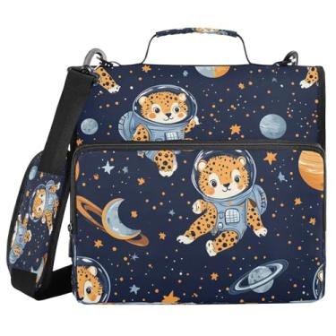 Imagem de STAYTOP Fichários de 3 anéis com zíper com alça de ombro, organizador de fichário de 3,8 cm, pasta expansível resistente à água com vários bolsos para escola e escritório - fofo leopardo espacial