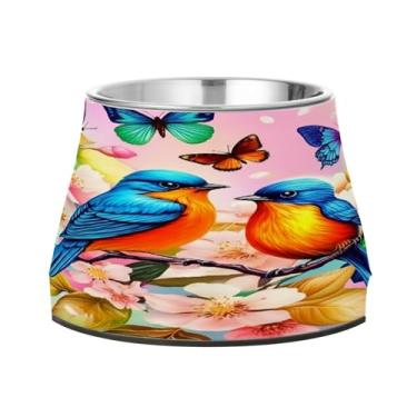 Imagem de STAYTOP Tigelas de aço inoxidável para cães e gatos, pássaros azuis e laranja habita árvores, tigelas fofas antiderrapantes para cães e gatos