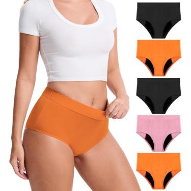 Imagem de ToVii Roupa íntima feminina plus size menstrual, lavável, à prova de vazamento, calcinha de cintura alta preta + laranja + rosa 2GG pacote com 5-01