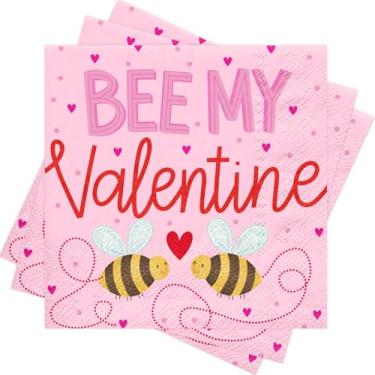Imagem de RUSPEPA 50 peças de papel de guardanapo Bee My Valentine, guardanapos de coquetel descartáveis de 3 camadas rosa fofo de abelha e coração para dia dos namorados, casamento, aniversário, noivado