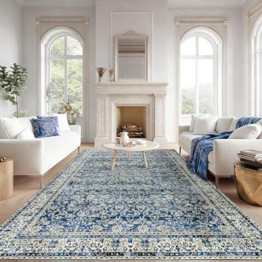 Imagem de Tapete de área azul para sala de estar 20 x 25 cm lavável vintage casa de fazenda grande boho tapetes desgastados para quarto, azul claro e creme poliéster rayon algodão mistura