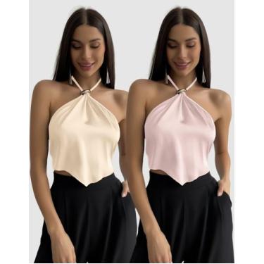 Imagem de Kit 2 Cropped Frente Única Feminino Decote Halter Alcinha Amarração Mo