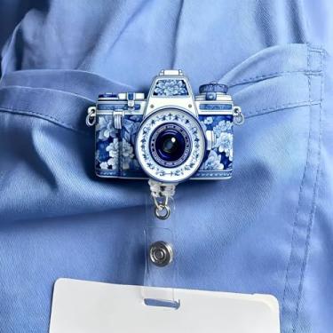 Imagem de Carretel de crachá de acrílico retrátil com clipe jacaré - design de câmera de porcelana azul e branca (Qinghua), clipe de identificação de enfermeira para trabalhadores médicos/funcionários de