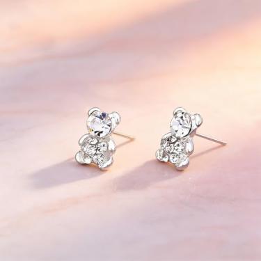 Imagem de Brincos femininos em formato de urso com design de diamante falso brilhante, fofos e exclusivos, adequados para o dia a dia e qualquer ocasião.