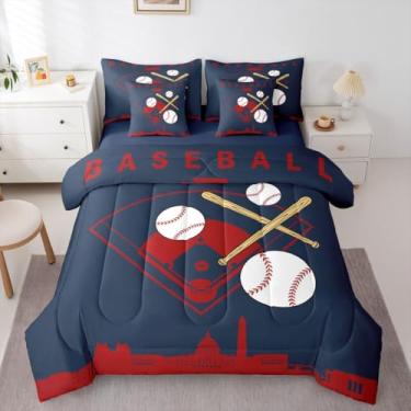 Imagem de Erosebridal Jogo de cama solteiro com edredom de beisebol infantil, azul marinho, 7 peças, softball, urbano, para meninos, adolescentes, adultos, quarto, bola, esportes, jogos, jogo de cama
