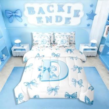 Imagem de Erosebridal Conjunto de edredom com laço azul claro para meninas, solteiro, princesa, 7 peças, com letra D, fofo, kawaii, para decoração de quarto de crianças e adolescentes