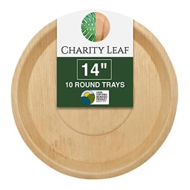 Imagem de Charity Leaf Bandejas redondas descartáveis de 35,5 cm (10 peças) de bambu como travessas de servir, tábuas descartáveis, louça ecológica para casamentos, buffet, eventos