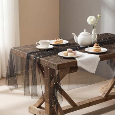 Imagem de Horaldaily Toalha de mesa de gaze preta pérola dourada 152 × 300 cm, retangular, primavera, verão, tule, renda, gaze, toalha de mesa de chá de noiva para decoração de mesa de aniversário de casamento