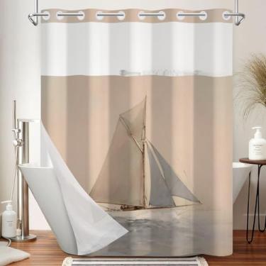 Imagem de NAEMBCU Cortina de chuveiro náutica para veleiro sem gancho com forro removível de encaixe - estampa de vela do oceano costeiro, 188 cm L x 188 cm A, cortina de banho de camada dupla de tecido