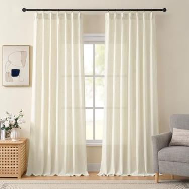 Imagem de PANGSINNE Cortinas de linho com pregas de 108 polegadas de largura marfim creme 263 cm de comprimento para sala de estar cortina resistente com ganchos anéis 100 x 108 cortina grande para janela