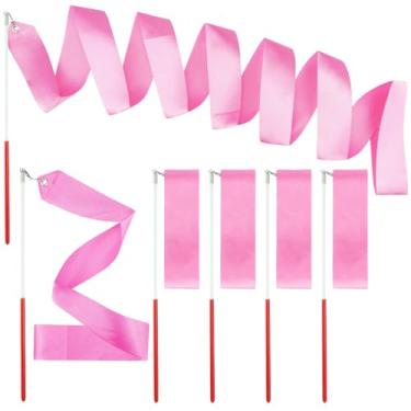 Imagem de SaktopDeco Fitas de dança rosa para ginástica rítmica fita de seda para dançar bastão de dança artística, pacote com 6