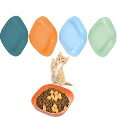 Imagem de 4 conjuntos de tigelas de comida de gato, prato de comida rasa de plástico de 14,7 cm para alívio da fadiga, prato largo de palha de trigo para animais de estimação, tigelas de alimentação molhada