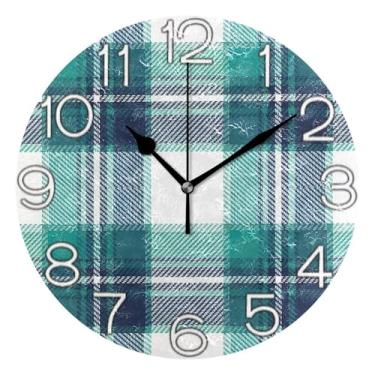 Imagem de Relógio de parede analógico decorativo redondo sem tique-taque silencioso relógio de cozinha fofo, arte de parede moderna legal decoração de casa xadrez clássico guingão, 25 cm, ponteiros pretos