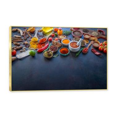 Imagem de Moldura dourada. Arte de parede em tela de especiarias coloridas e colher de tempero | Decoração de cozinha vintage | Arte moderna para casa e sala de jantar. C21. 40 x 60 cm - 15,8 x 23,7 pol