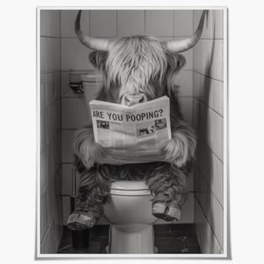 Imagem de Arte de parede engraçada em tela de banheiro de vaca Highland linda pintura de vaca decoração de parede preto e branco pôster de animal de banheiro para casa de fazenda decoração de banheiro 20 x 25