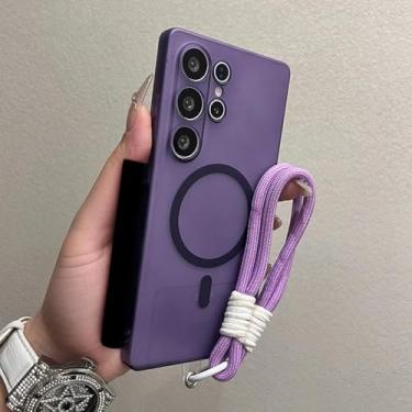Imagem de Capa com alça de pulso fosca para Samsung Galaxy S25 S24 Ultra S22 S23 Plus, cordão rígido de PC magnético à prova de choque, capa fina, roxa, para Samsung S22