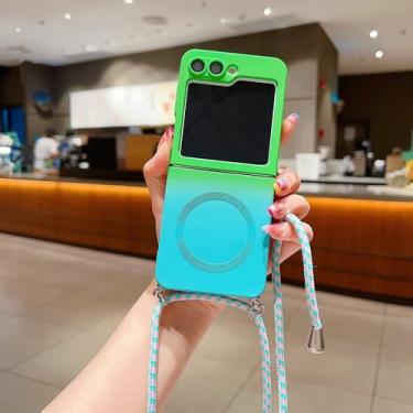 Imagem de Capa de silicone com gradiente de cor da moda para Samsung Galaxy Z Flip 5 6 Flip5, capa à prova de choque com carregamento sem fio e alça, verde e azul, para Z Flip 5