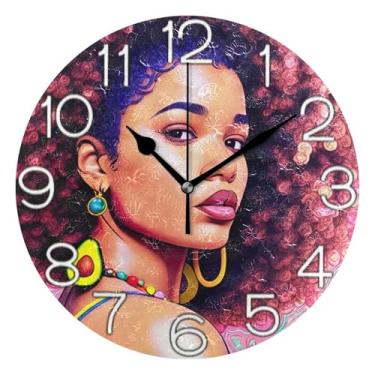 Imagem de GAIGEO Relógio de parede analógico decorativo escritório cozinha relógio estético silencioso sem tique-taque, decoração de parede de sala de estar moderna, pintura rosa chique mulher, 25 cm, ponteiros