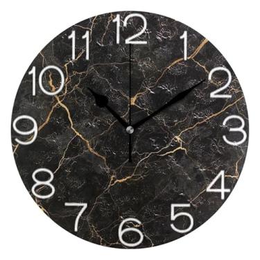 Imagem de GAIGEO Relógio de parede decorativo analógico estético silencioso sem tique-taque quarto relógio de cozinha, decoração de parede vintage, elegante mármore preto veias douradas, 25 cm, ponteiros pretos