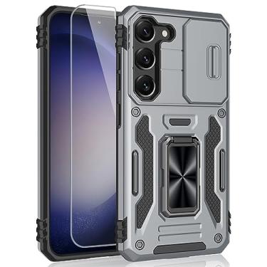 Imagem de SYONER Capa para Samsung Galaxy S23, capa de telefone à prova de choque com capa de câmera deslizante e suporte giratório de anel + protetor de tela de vidro temperado para Galaxy S23 (6,1 polegadas, 2023) [cinza]
